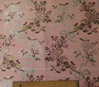 French Antique 19thc Floral & Bows Pink Silk Brocade Sample Fabric 38 " Lx22 " W