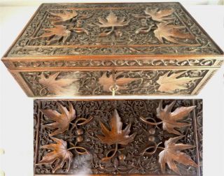 N976 Antique Anglo Indian Carved Wood Box Deep Maple Leaf Design