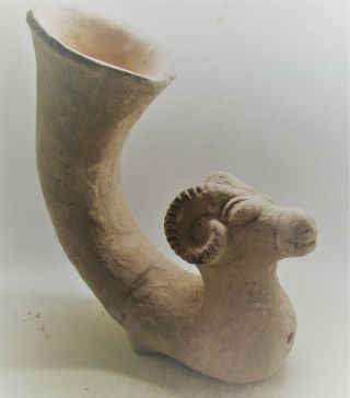 Ancient Persian Terracotta Rhyton With Rams Head