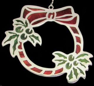 Rare Janna Thomas Sterling Silver Green & Red Feathers & Crystal Wreath Ornament