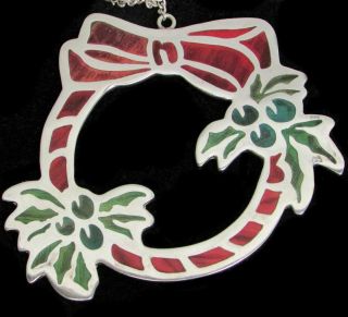RARE JANNA THOMAS STERLING SILVER GREEN & RED FEATHERS & CRYSTAL WREATH ORNAMENT 2