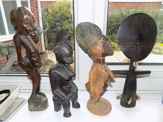 4 X Vintage Hand Carved Wooden Tribal African Figures Largest 31.  75 Cm Tall