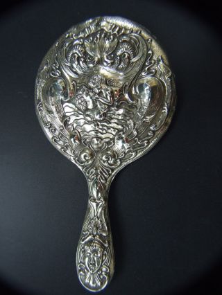 Gorgeous Antique Art Nouveau Silver " Loves Dream " Repousse Hand Mirror 1900 