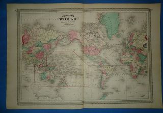 Vintage 1872 The World Map Old Antique Johnson 