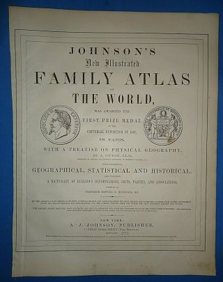 Vintage 1872 THE WORLD MAP Old Antique Johnson ' s Atlas Map 5/19 3