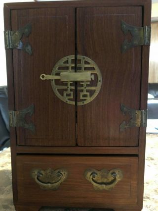 Vintage 12 " Antique Chinese Wood Jewelry Box Hand Carved Bronze Accents