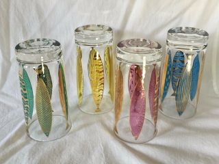 4 Vtg MCM Fred Press Atomic FISH w/22 - K Gold HIGHBALL Cocktail GLASSES HTF 3