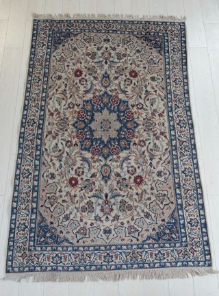 6.  43x4ft Antique Hand - Knotted Persian Naein Area Rug,  Beige Blue Vintage Rug