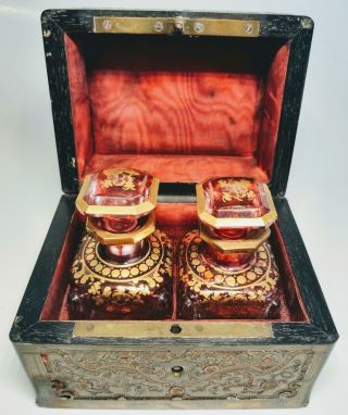 19th Century Antique French Perfume Casket Set With 2 Pink Gold Crystal Bottles