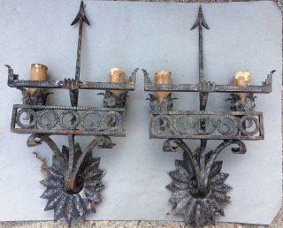 Two Antique Mission Arts And Crafts Style Sconce Lights Lamp Hand Forged Arrow