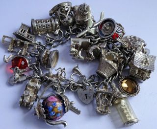 Stunning Vintage Solid Silver Charm Bracelet & 27 Charms.  Rare,  Open,  Move.  106.  5g