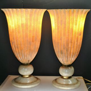 (pair) Vintage Maitland - Smith Table Torchiere Eggshell Inlay Lamps Shell Design