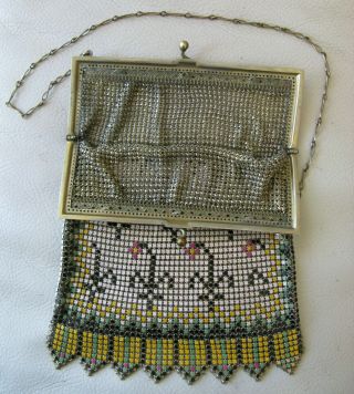 Antique Art Deco Silver Filigree Frame Aqua Blue Jewel Enamel Chain Mail Purse 10