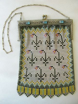 Antique Art Deco Silver Filigree Frame Aqua Blue Jewel Enamel Chain Mail Purse 2