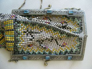 Antique Art Deco Silver Filigree Frame Aqua Blue Jewel Enamel Chain Mail Purse 9