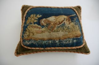 19th Century Needlework Pillow With Dog On Blue Ground - Velvet Back 21 " X 16 "