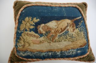 19th Century Needlework Pillow with Dog on Blue Ground - Velvet Back 21 