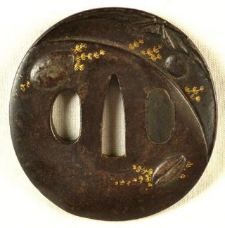 Antique Japanese Sword Tsuba Sea Shell Abalone Seaweed Gold Forged Iron Old