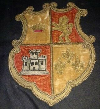 Rare Antique Heraldic Coat Arms Badge Embroidered Gold Silver Royal