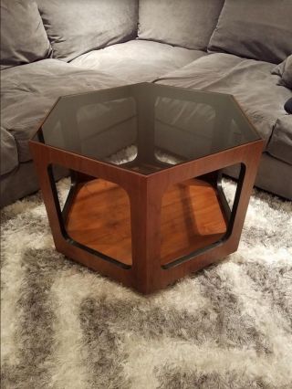 Mid Century Modern Lane Hexagonal Coffee Table With Smoked Glass Top