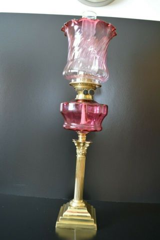 Victorian Twin Burner Oil Lamp.  Cranberry Font.  Corinthian Column