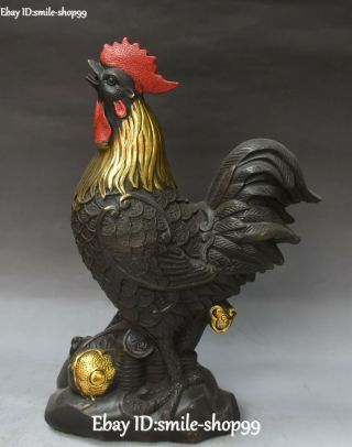 12 " Old Bronze Gilt Zodiac Year Rooster Crock Chick Chicken Ruyi Wealth Statue