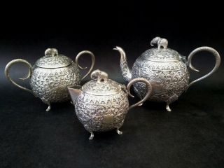 Wonderful Indian Silver Three Piece Tea Set - Kutch C.  1890