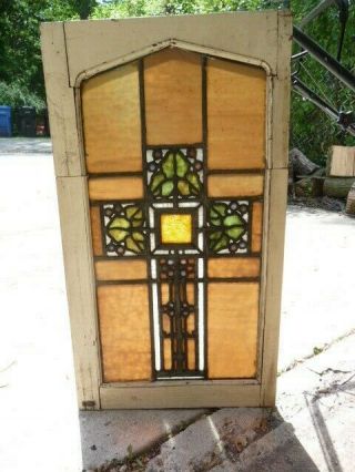 Vintage Cross Stained Glass Window Church Leaded Antique Flower Pattern