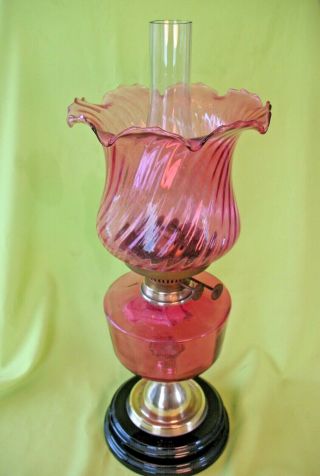 Old Antique Victorian Oil Lamp With Cranberry Glass Font & Shade & Duplex Burner