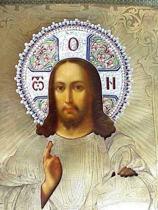 18c Russian Silver 84 " Imperial Orthodox Icon Jesus Christ God Enamel Gold Cross