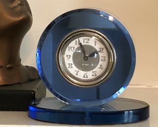 Vintage Art Deco Cobalt Blue Mirror Chesler Clock Cased Glass Stripes
