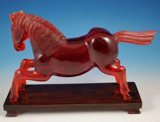 Large Vintage Chinese Cherry Amber Red Carved Horse On Teak Stand