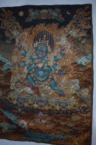 Orig $299 - Nepal/tibet Shaman Gold Thread Mahakala Thanka Early 1900s 24 "
