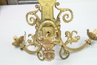 Pair Antique French Wall Sconces Electric 3 Arm Dragon Head Laurel Swags Gold 10