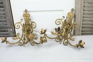 Pair Antique French Wall Sconces Electric 3 Arm Dragon Head Laurel Swags Gold