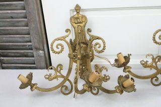 Pair Antique French Wall Sconces Electric 3 Arm Dragon Head Laurel Swags Gold 2
