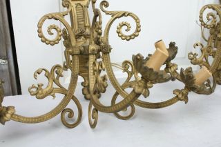 Pair Antique French Wall Sconces Electric 3 Arm Dragon Head Laurel Swags Gold 3