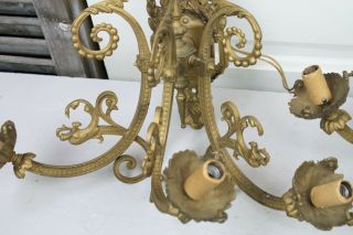Pair Antique French Wall Sconces Electric 3 Arm Dragon Head Laurel Swags Gold 4