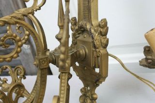 Pair Antique French Wall Sconces Electric 3 Arm Dragon Head Laurel Swags Gold 6