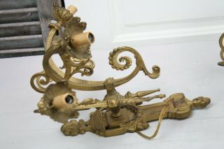 Pair Antique French Wall Sconces Electric 3 Arm Dragon Head Laurel Swags Gold 8