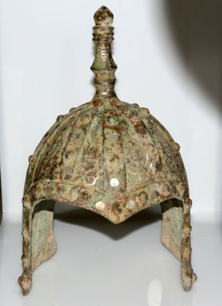 3820 Grams Asian Ancient Bronze with silver inlay decorated Warrior Helmet - SCARE 2