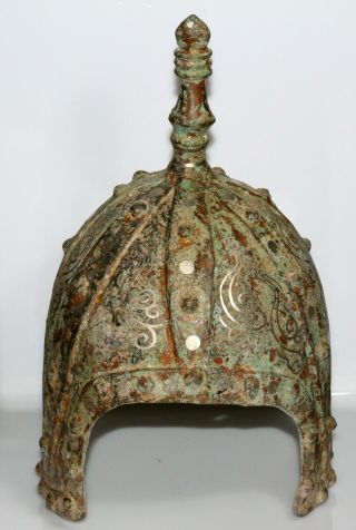 3820 Grams Asian Ancient Bronze with silver inlay decorated Warrior Helmet - SCARE 6