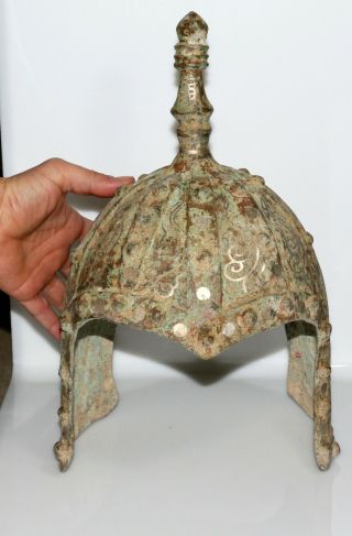 3820 Grams Asian Ancient Bronze with silver inlay decorated Warrior Helmet - SCARE 8