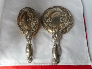 Art Nouveau Silver Backed Hand Mirror And Brush - Rd.  No.  490505