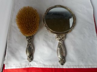 ART NOUVEAU SILVER BACKED HAND MIRROR and BRUSH - Rd.  no.  490505 2
