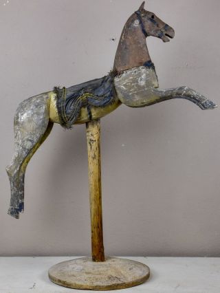 Antique French Toy Horse Mounted On A Wooden Stand