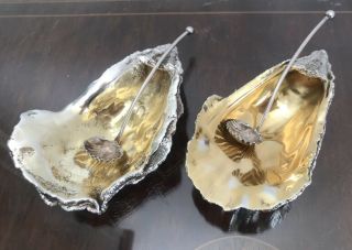 Pair Rare Antique Solid Silver Oyster Shaped Salts & Spoons 198gms