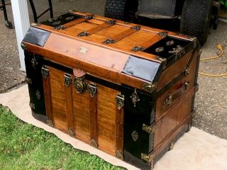 Antique Steamer Trunk Wood Coffee Table Restored Chest Dome Top