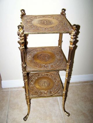 Antique French Brass 3 Tier Very Ornate Plant Stand Table Cherub Bust Claw Feet