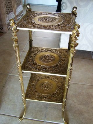 Antique French Brass 3 Tier Very Ornate Plant Stand Table Cherub Bust Claw Feet 4